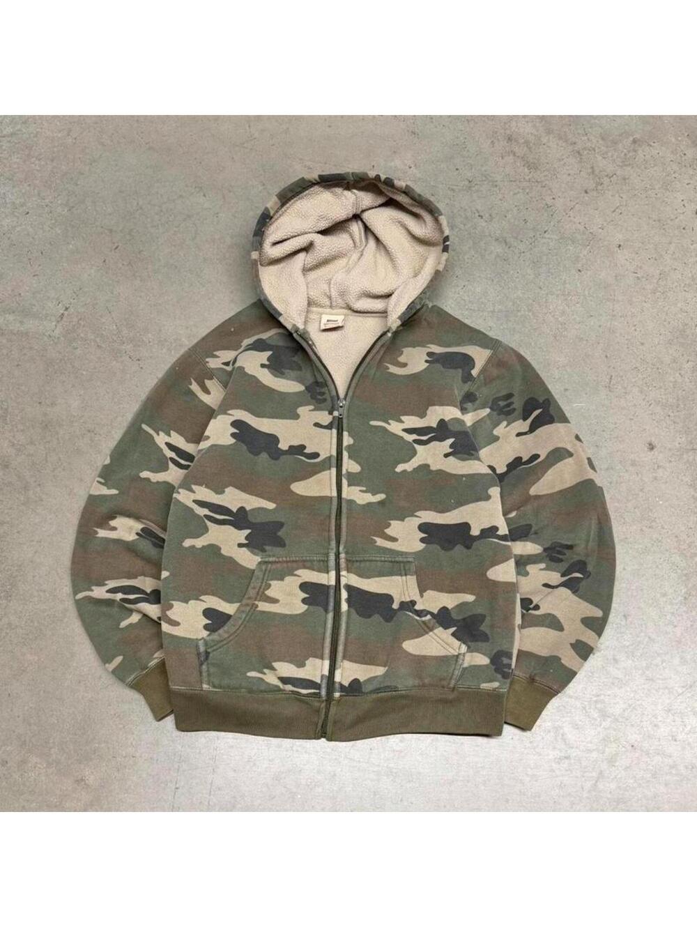 Y2K Faded Glory Woodland Camo Sherpa Fleece Lined Faded Distressed Zip Up Hoodie